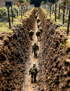 A realistic miniature trench with soldiers, barbed wire, and the grim reality of war