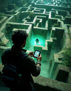 A scientist navigating a labyrinthine maze, using a handheld device to track the movements of a Minotaur hidden within