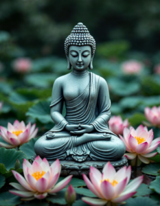 A serene Buddha statue surrounded by lotus flowers, symbolizing enlightenment and the path to inner peace