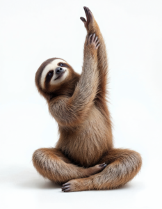 A sloth slowly stretching in a yoga pose, demonstrating its impressive flexibility despite its reputation for slowness