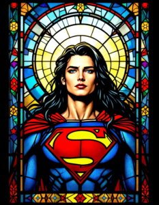 A stained glass window depicting a superhero like Superman or Wonder Woman, with a halo and a stained-glass comic book style