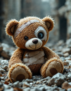 A teddy bear with a bandage and a missing eye, sitting amidst the rubble of a bombed-out building