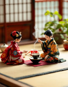 A traditional tea ceremony with miniature figures in kimonos