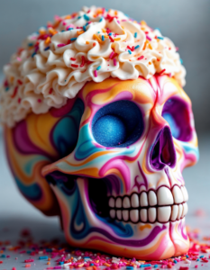 A vibrant Day of the Dead sugar skull with a brain made of a swirling milkshake, topped with whipped cream and sprinkles