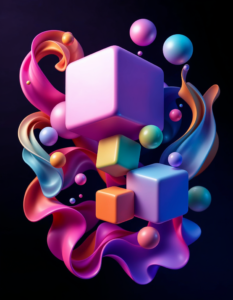 A vivid composition of interlocking cubes and spheres, contrasted by fluid, ribbon-like shapes in neon and pastel hues, against a dark gradient background