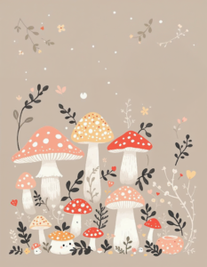 Adorable toadstools and leafy vines in a cozy forest-inspired palette