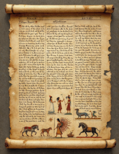 An ancient scroll with faded ink and delicate illustrations, revealing glimpses of a lost civilization