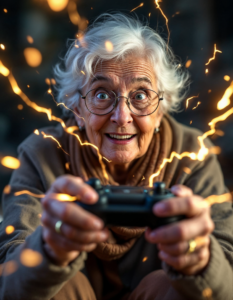 An elderly woman with lightning-fast reflexes playing a fast-paced action game, her fingers flying across the controller