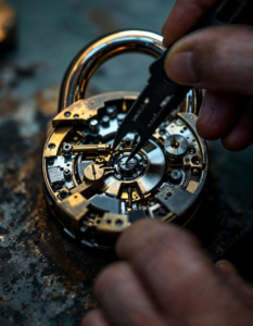 Close-up of a lockpicker’s hands delicately manipulating a tension wrench and pick set, with the intricate internal mechanisms of the lock visible