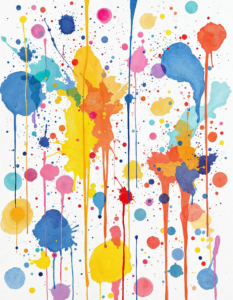 Colorful splashes, scribbles, and paint strokes on a stark white background