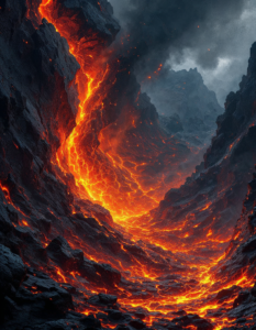 Fractured, jagged shapes resembling tectonic plates collide with smooth, flowing lava-like forms