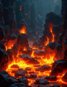 Glowing, lava-like organic shapes erupt through cold, solid geometric forms resembling rocks