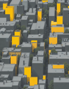 Overlapping grids of streets and buildings in muted greys and bold yellows