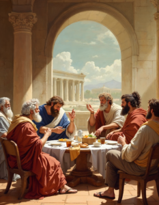 Philosophers like Plato and Aristotle gather in the School of Athens, but instead of debating, they’re waiting for their food delivery order