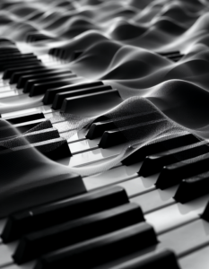 Repeating black and white piano keys interwoven with abstract sound waves