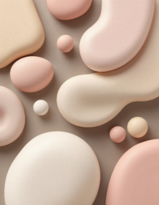 Rounded organic shapes in neutral tones like beige, cream, and dusty pink