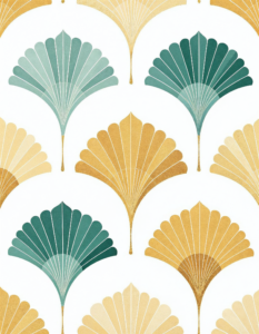 Scalloped arches and fan-like designs in gold and emerald green