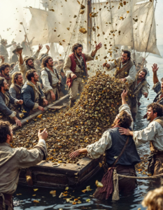 The Boston Tea Party, Colonists throwing tea into Boston Harbor