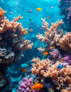 Underwater coral formations with vibrant marine life in bold tropical hues