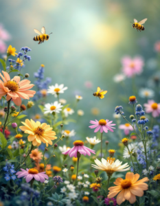 Wildflowers, buzzing bees, and fluttering butterflies in soft springtime hues