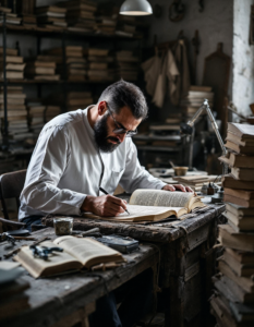 A Middle-Eastern male expert in his 40s carefully restoring an ancient manuscript