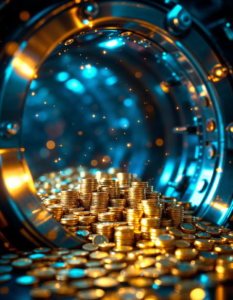 A bank vault door open to reveal a dazzling pile of money inside, glowing with light