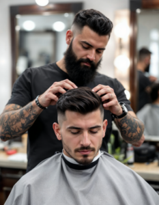 A barber trimming a client’s hair in a vintage-style barbershop, with mirrors and neatly arranged tools in the background