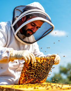 A beekeeper in a protective suit, gently inspecting a honeycomb while surrounded by buzzing bees under a clear blue sky