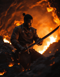 A blacksmith forging weapons and armor from molten lava, their forge nestled in the heart of an active volcano