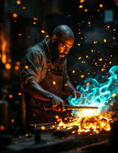 A blacksmith forging weapons from the essence of spirits, with glowing tools that hum with otherworldly energy
