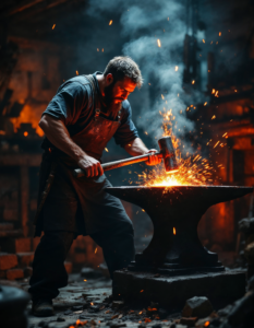 A blacksmith in a fiery forge, hammering red-hot metal on an anvil, sparks flying with each strike