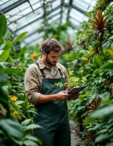 A botanist examining a rare plant specimen in a lush greenhouse, clipboard in hand and surrounded by exotic flora