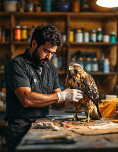 A caretaker treating an injured hawk at a rural rescue center, with tools and medicines neatly organized nearby