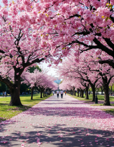 A cherry blossom park in full bloom, pink petals gently drifting to the ground as people stroll below