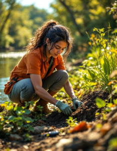 A conservationist planting native vegetation along a riverbank, with wildlife monitoring equipment nearby