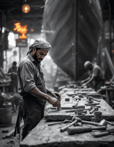 A craftsman constructing a wooden boat in a busy dockyard, with sawdust floating in the air and tools laid out on a workbench