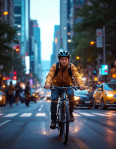 A cyclist riding through a city, with no visible helmet, a subtle, glowing force field surrounds their head, illustrating the invisible protective technology