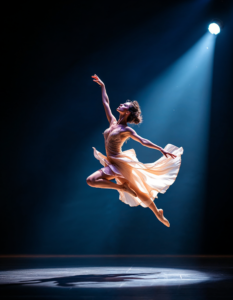 A dancer mid-performance on a grand stage, frozen in an elegant leap with a spotlight highlighting their grace