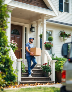 A delivery driver carrying a package up the steps of a charming suburban home, their truck parked nearby