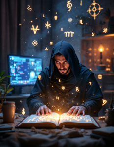 A digital wizard coding spells into a glowing, holographic spellbook, with arcane runes appearing on a computer screen