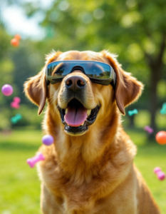 A dog wearing sleek, lightweight AR glasses, the glasses project virtual obstacles and games for the dog to interact with, creating a playful, futuristic scene