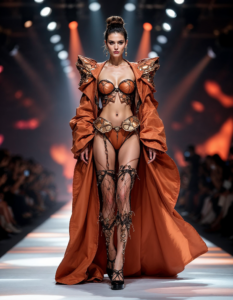 A fashion model walking down a runway, wearing a striking avant-garde outfit under bright lights and flashing cameras