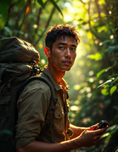 A field assistant helping set up camera traps and managing gear while trekking through a rugged jungle