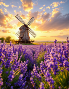 A field of lavender under a golden summer sunset, with a rustic wooden windmill in the distance