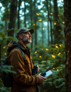 A field researcher observing and recording bird behavior in a dense forest, binoculars in hand and a notebook by their side