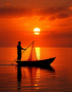 A fisherman casting a net from a small wooden boat, silhouetted against a fiery orange sunset over calm waters