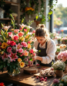 A florist arranging a stunning bouquet of roses and lilies in a charming, sunlight-filled flower shop