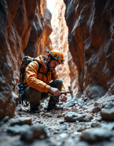 A geologist in a rocky canyon, using a pickaxe to collect samples while surrounded by dramatic rock formation