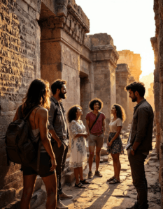A guide leading a small group through ancient ruins, pointing out artifacts and sharing historical anecdotes