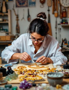 A jewelry designer meticulously crafting a gold necklace in a workshop filled with gemstones and tools